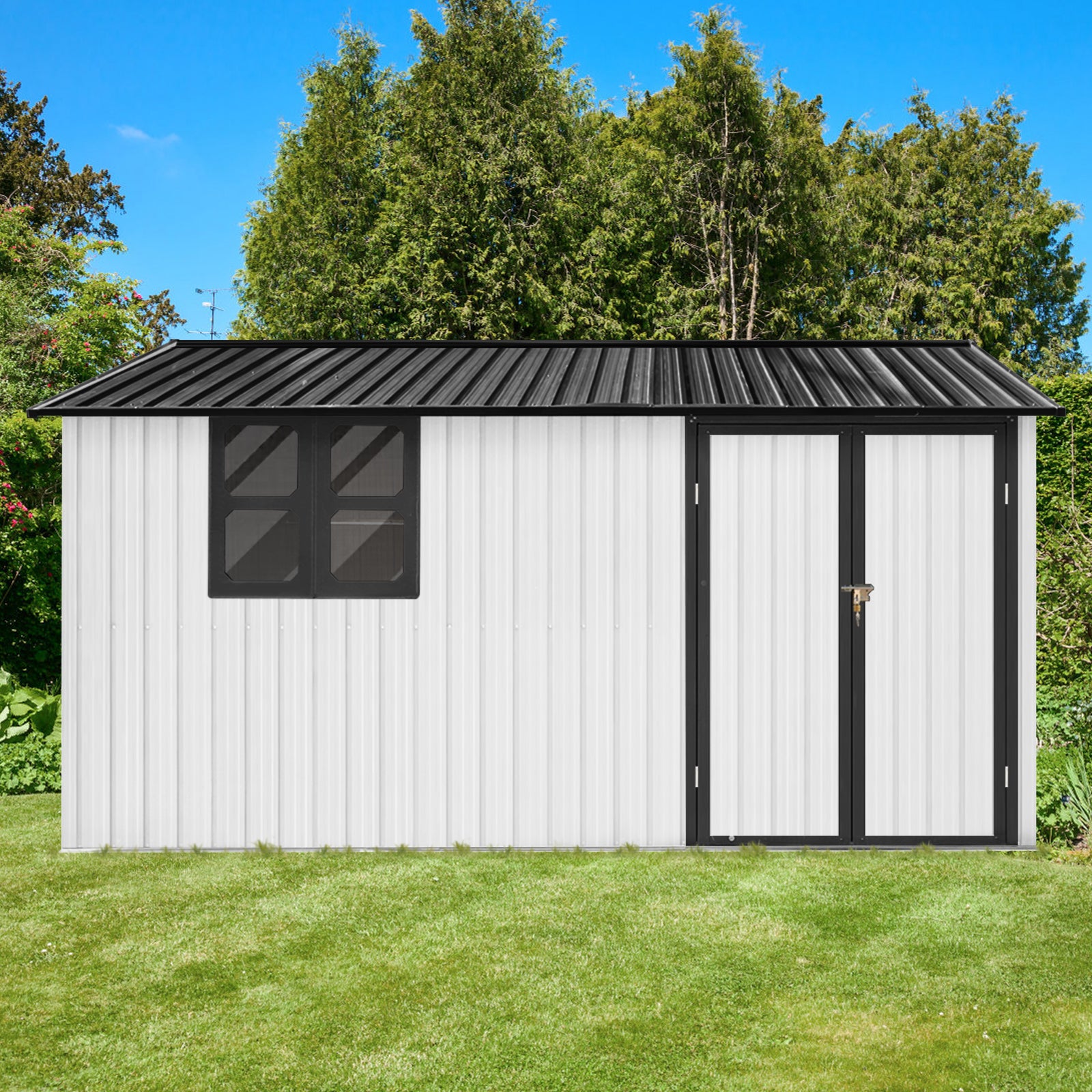 Metal garden sheds 12ftx10ft outdoor storage sheds white+black with window with Goods Shelves