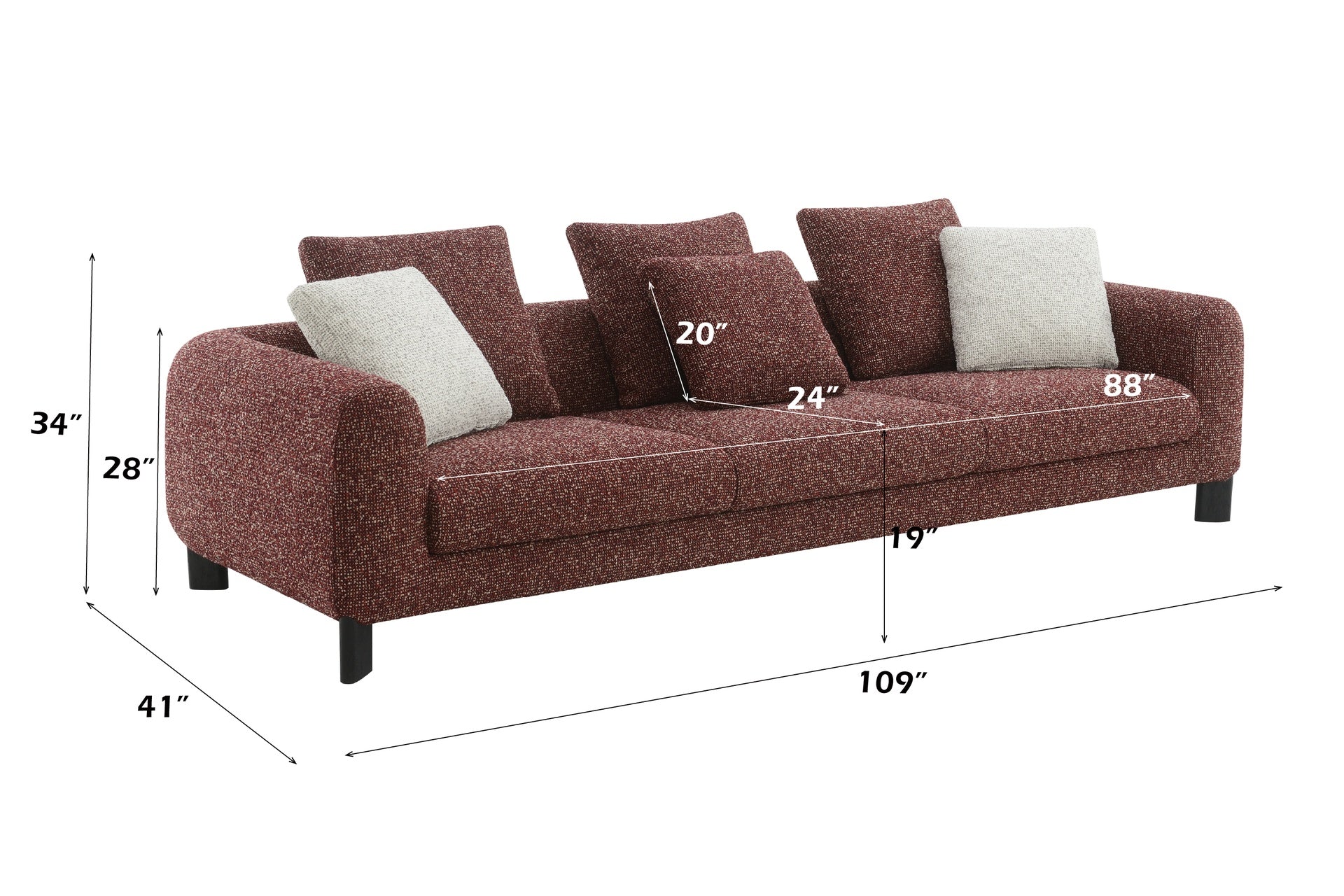 Mardi Maroon Tweed Sofa w/3 Pillows