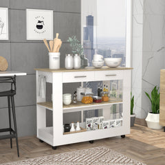 Cala Kitchen Island 46,  Six Casters, Two Drawers, Lower Open Shelf  -White / Light Oak