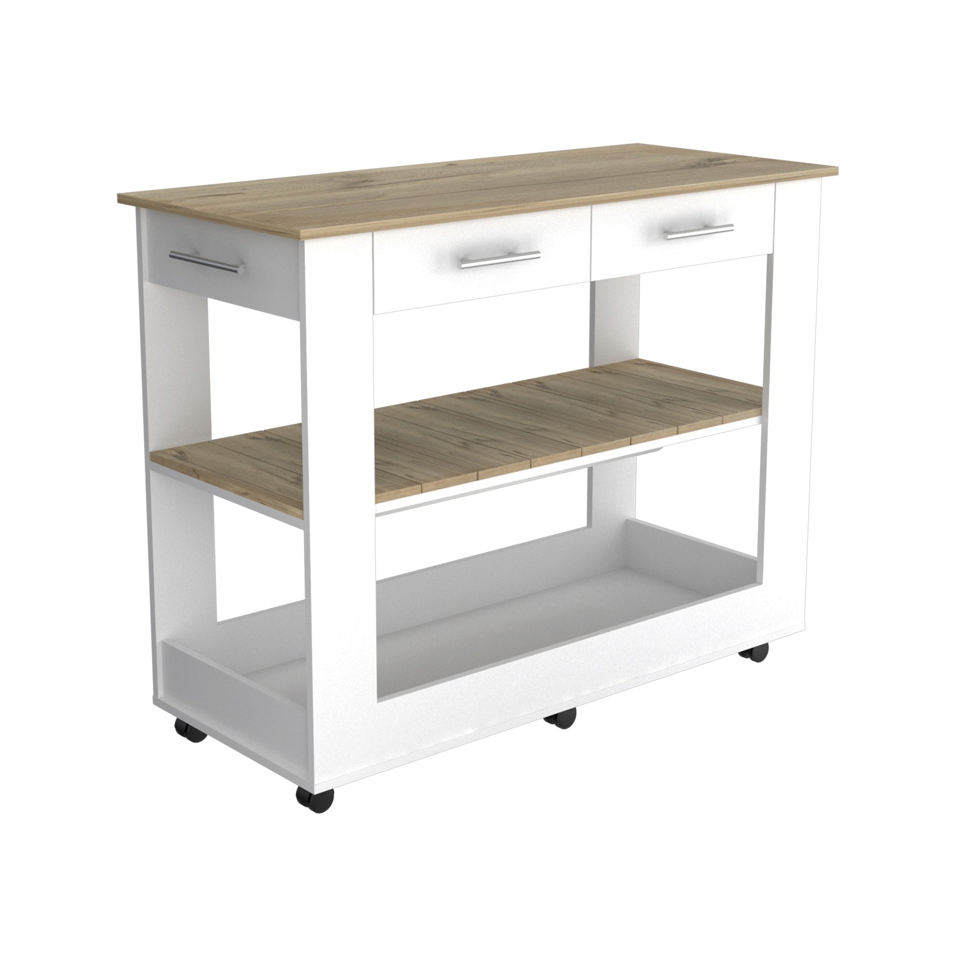 Cala Kitchen Island 46,  Six Casters, Two Drawers, Lower Open Shelf  -White / Light Oak