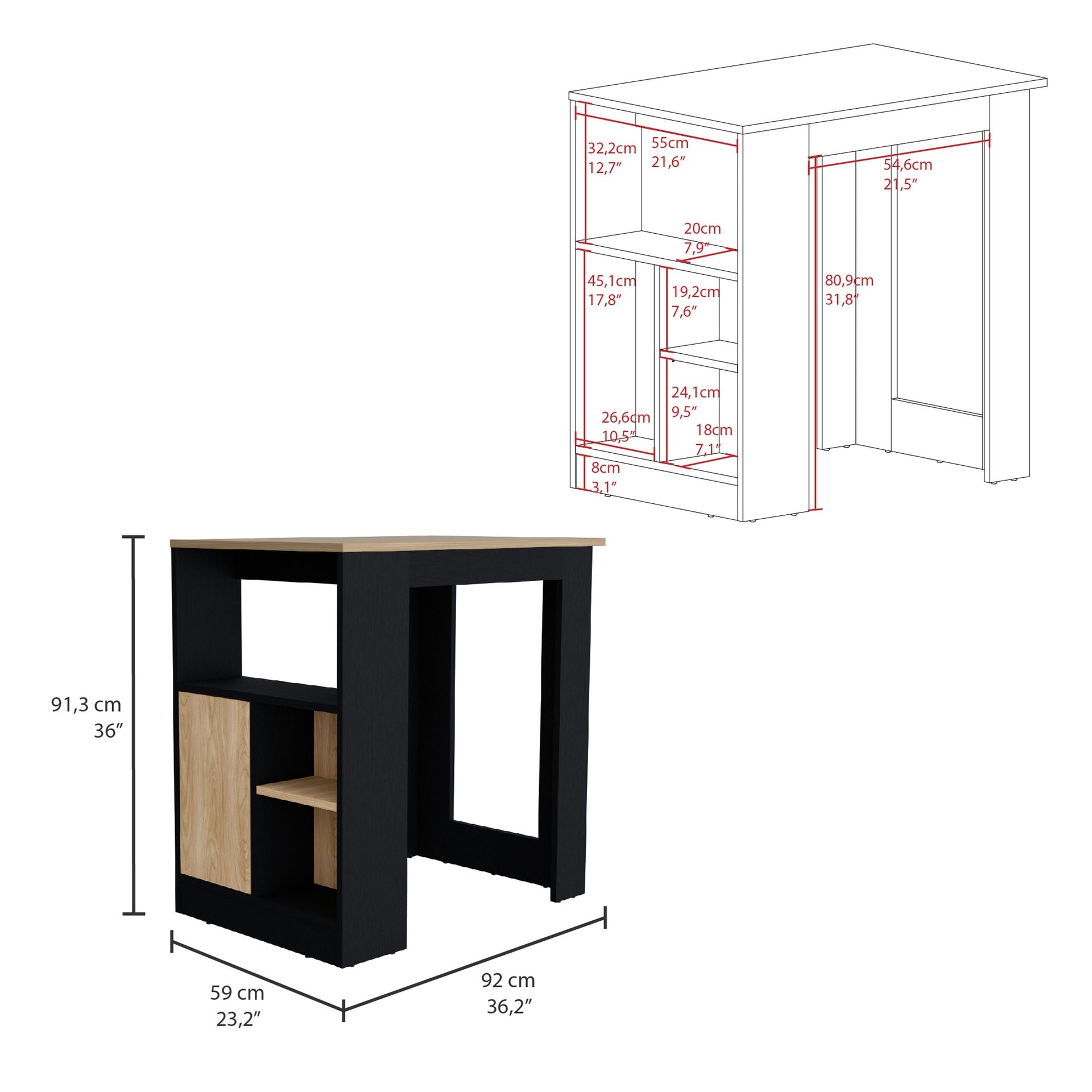 Stirling Kitchen Island with 1-Door Cabinet Push to open System and Side Shelves Black -  Natural Oak