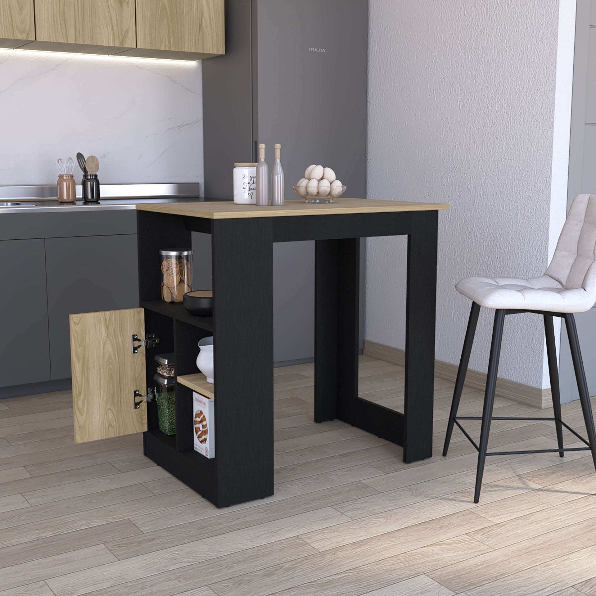 Stirling Kitchen Island with 1-Door Cabinet Push to open System and Side Shelves Black -  Natural Oak