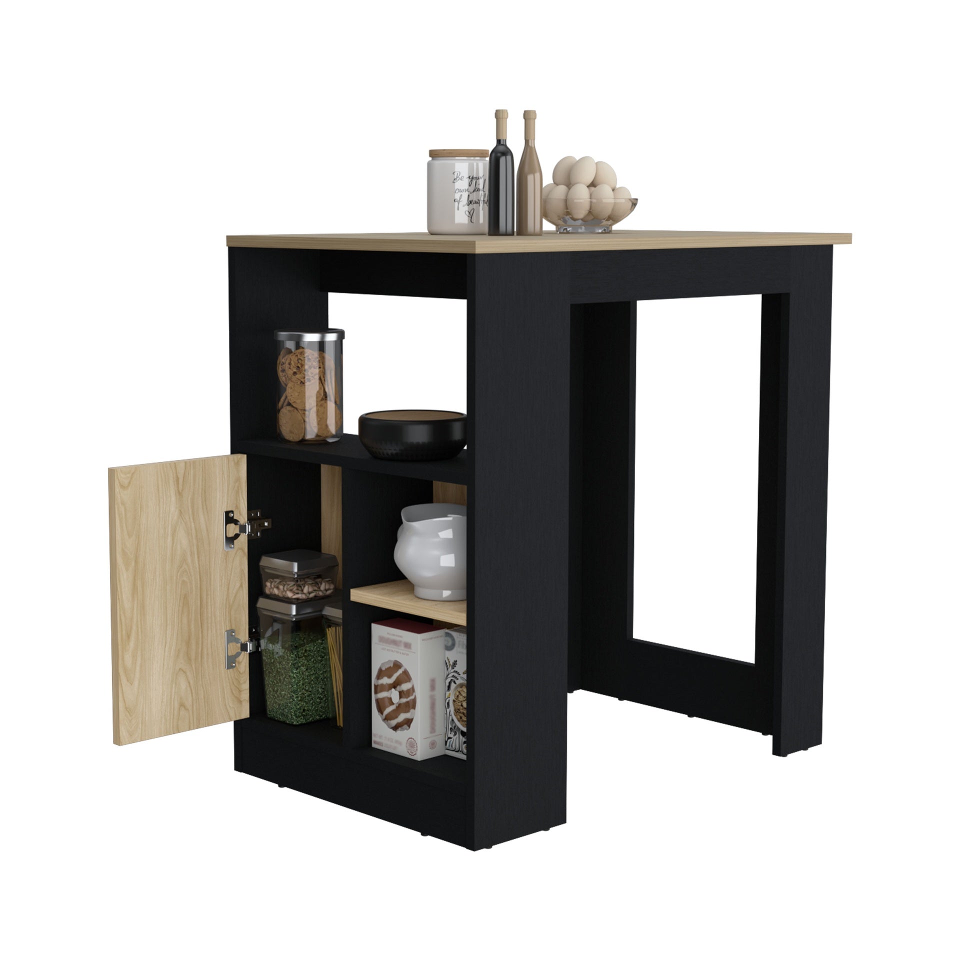 Stirling Kitchen Island with 1-Door Cabinet Push to open System and Side Shelves Black -  Natural Oak