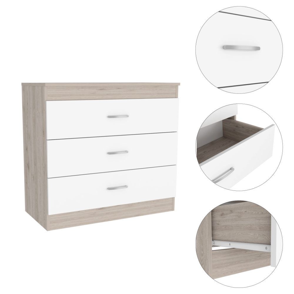 Melia Three Drawer Dresser, Superior Top, Metal Hardware -Light Gray / White