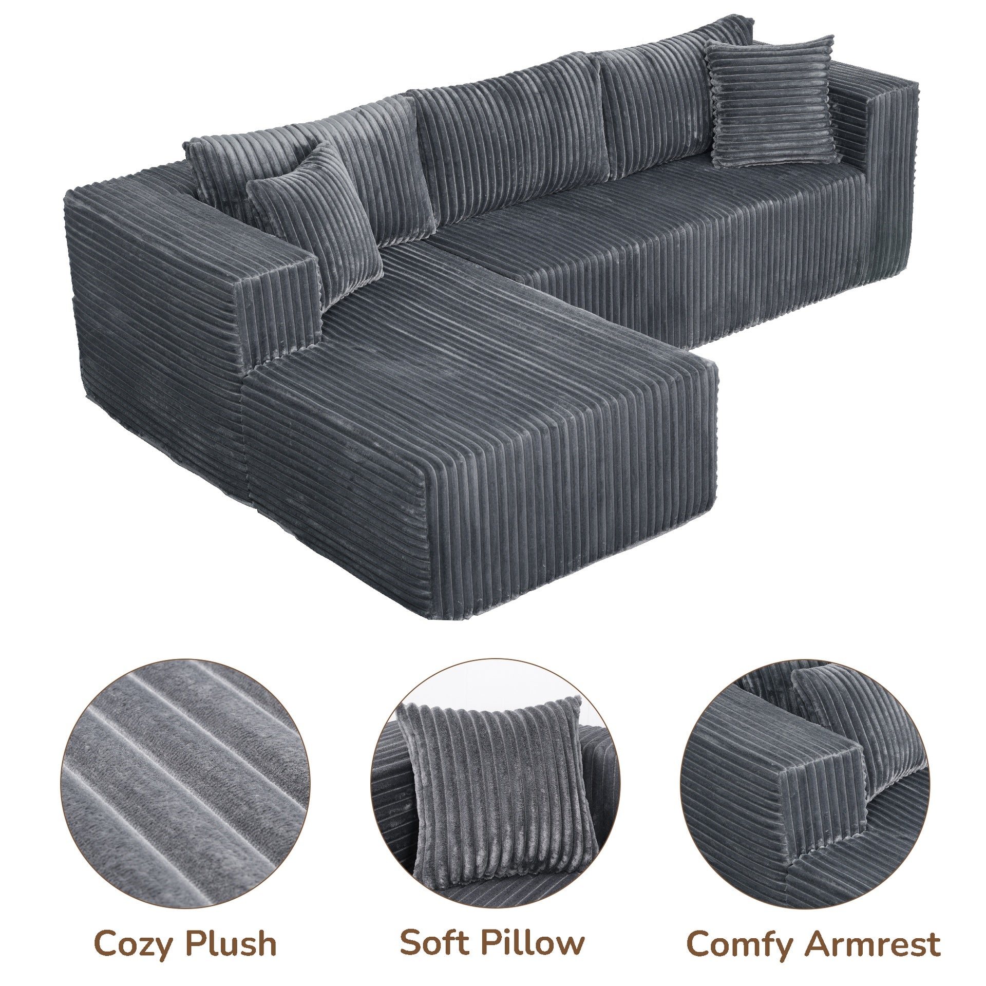105" L-Shaped Modular Compression Sofa, Plush Upholstery, All-Foam Structure (No Springs), Vacuum-Packed, Space-Saving for Living Room, Bedroom, Apartment  (Right Chaise)