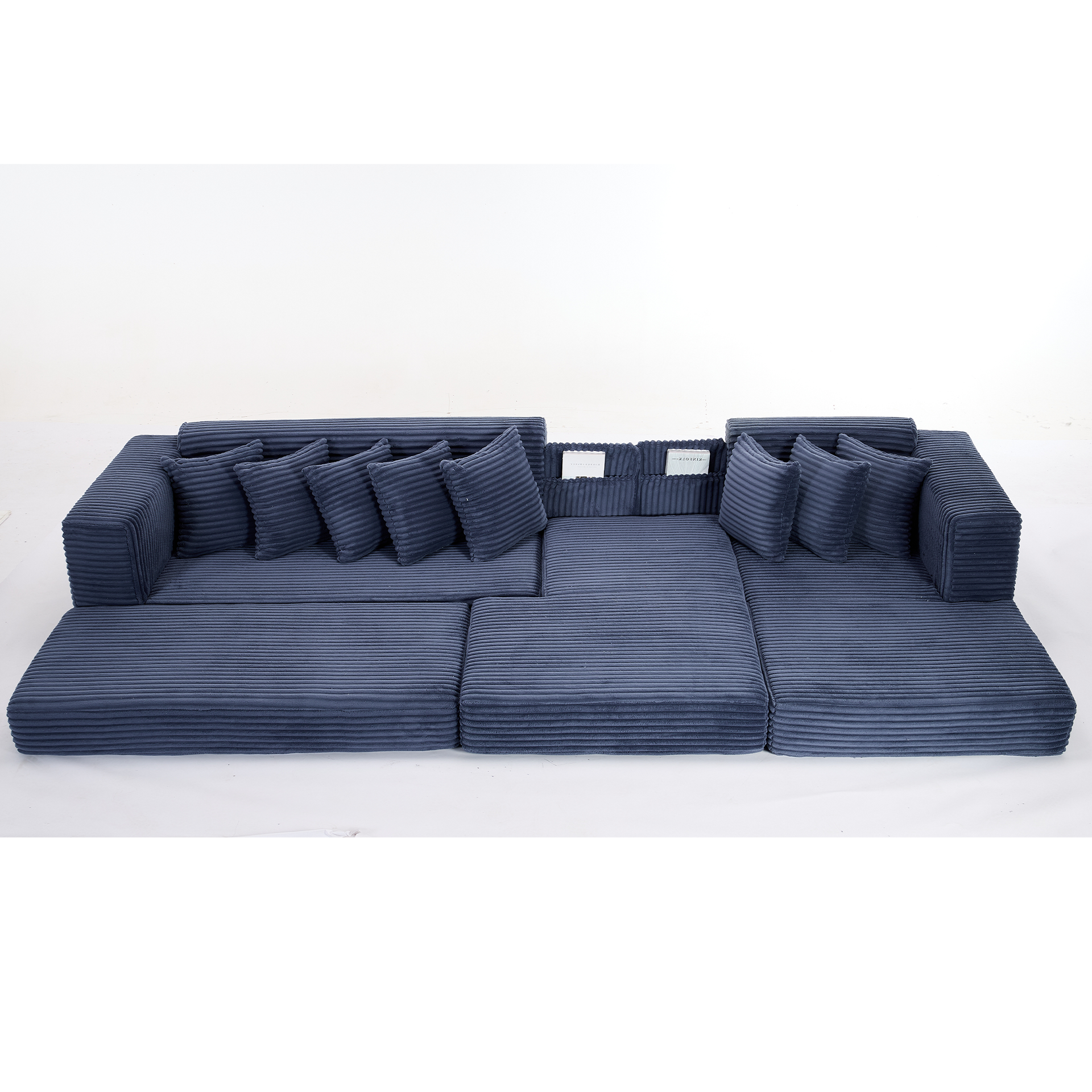 Oversize Cloud Sectional Couch, L-Shape Sofa, Convertible Floor Sleeper Sofa Bed, No Assembly ,Eight pillows,3-in-1,Magazine bag,(Right Facing Sofa),Corduroy,Blue