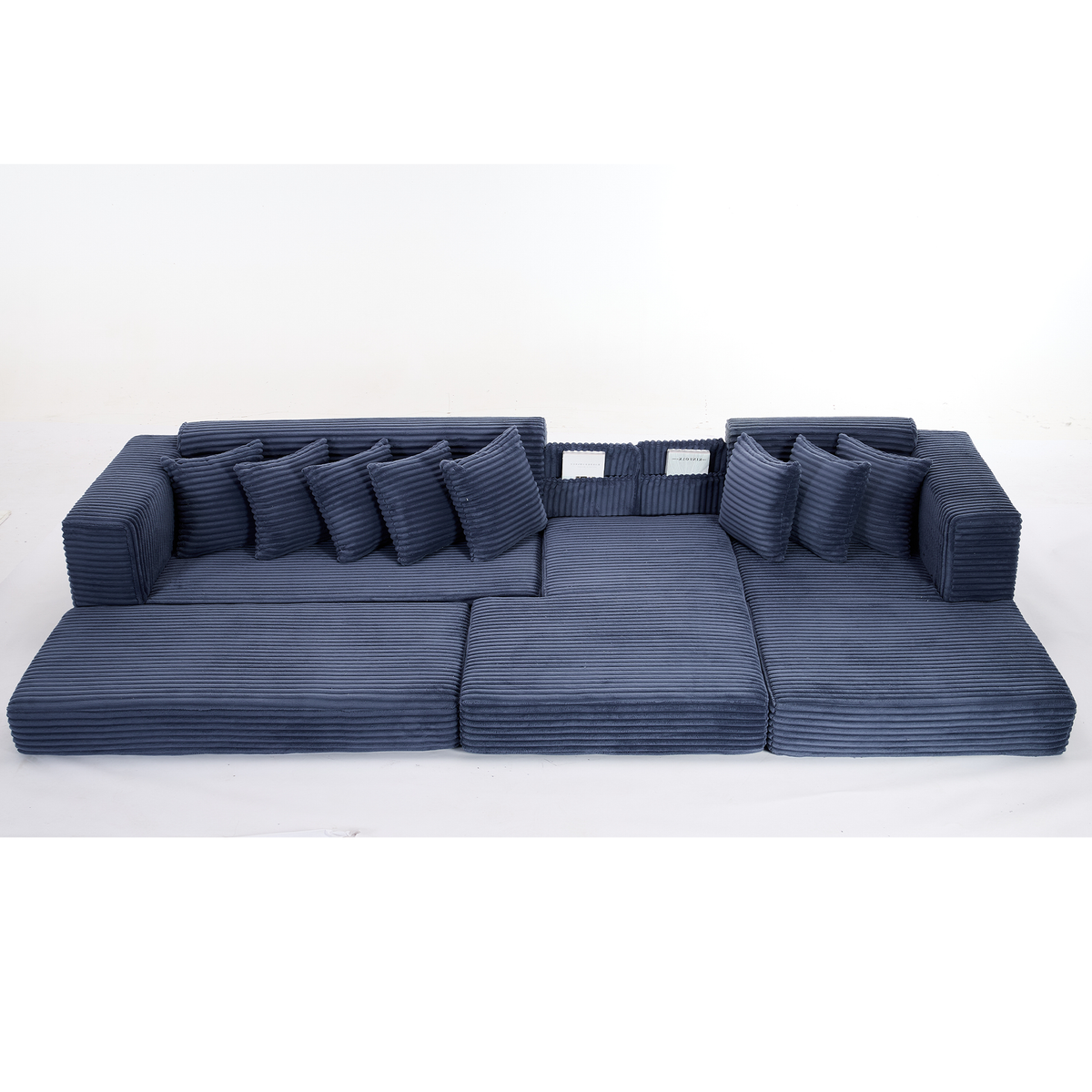 Oversize Cloud Sectional Couch, L-Shape Sofa, Convertible Floor Sleeper Sofa Bed, No Assembly ,Eight pillows,3-in-1,Magazine bag,(Right Facing Sofa),Corduroy,Blue