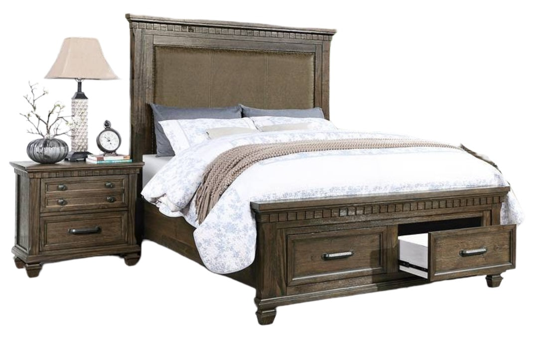 Traditional Style 1pc Queen Size Bed Footboard Drawers Upholstered Headboard Brown Finish Bedroom Furniture