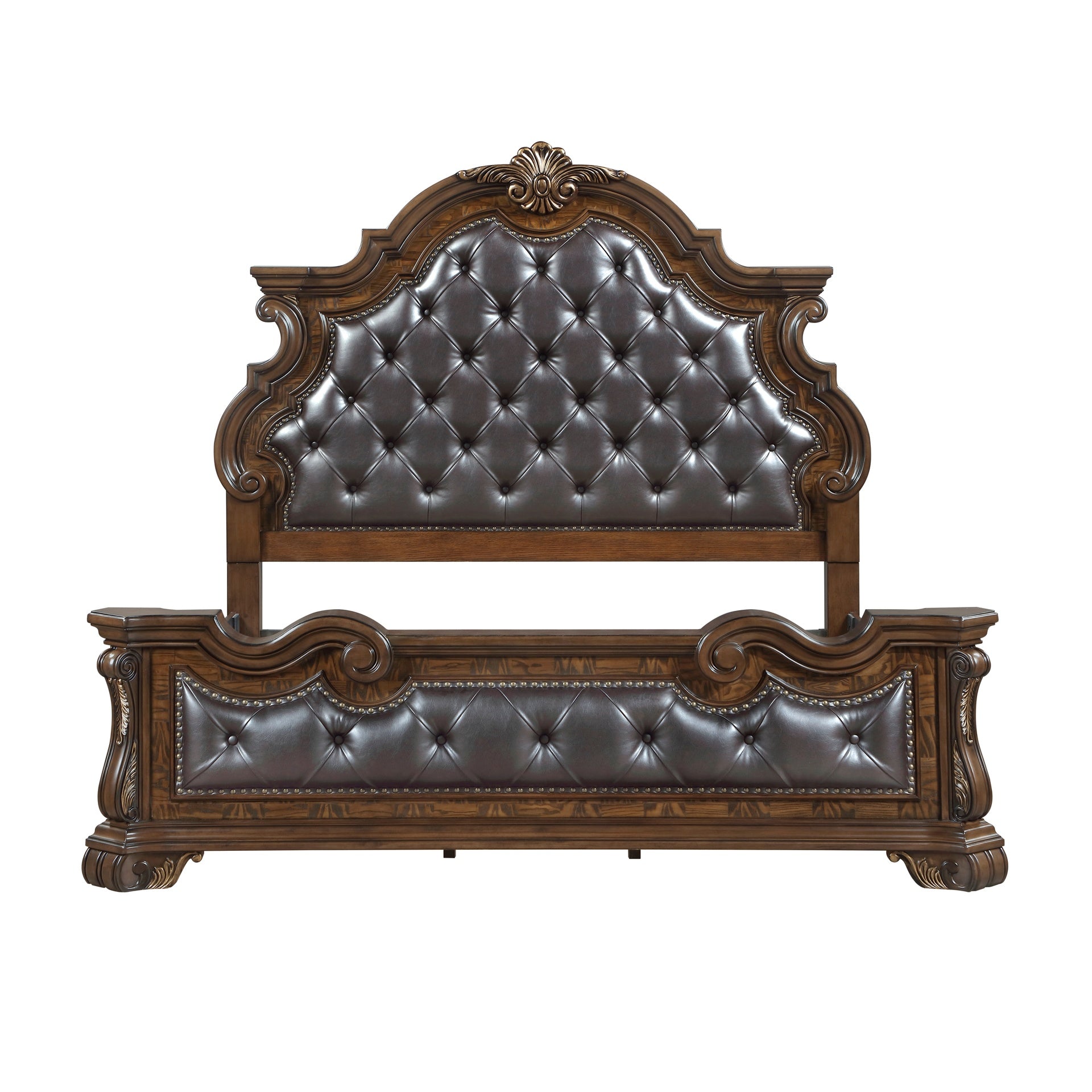 Formal Traditional Dark Brown Finish Luxury King Bed Tufted Headboard Intricate Carvings Gold Accent Detailing Bedroom Furniture 1pc