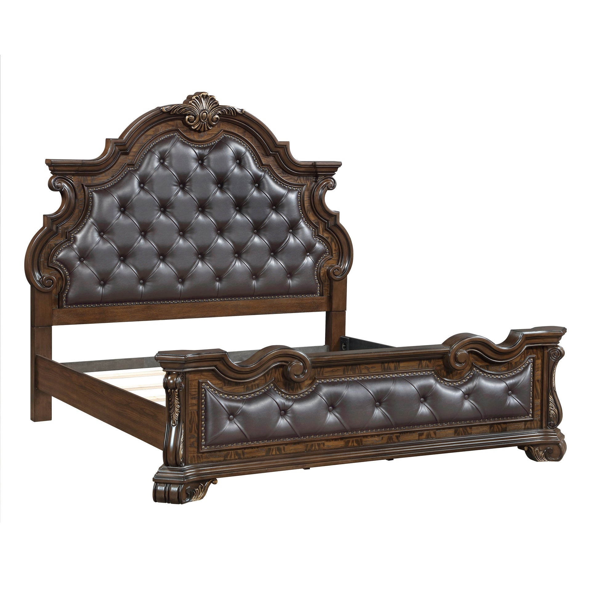 Formal Traditional Dark Brown Finish Luxury King Bed Tufted Headboard Intricate Carvings Gold Accent Detailing Bedroom Furniture 1pc