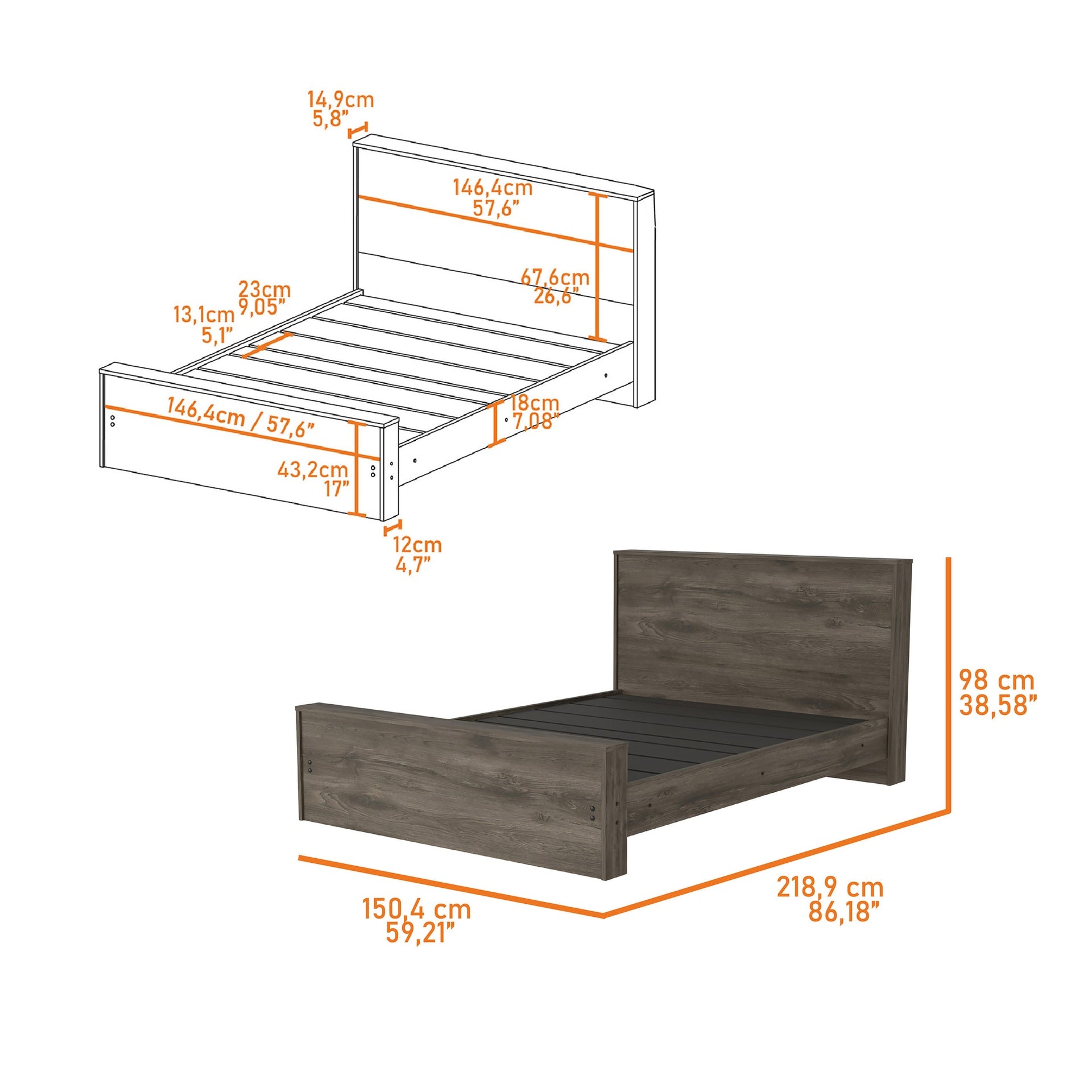 Braga Full Size Bed Base, Headboard