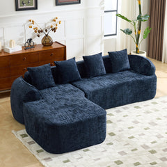 Dark bule chenille L-shaped compressed sofa that goes well with any living room. It features high-elastic sponge for a comfortable sitting feel,  curved armrests and four throw pillows.