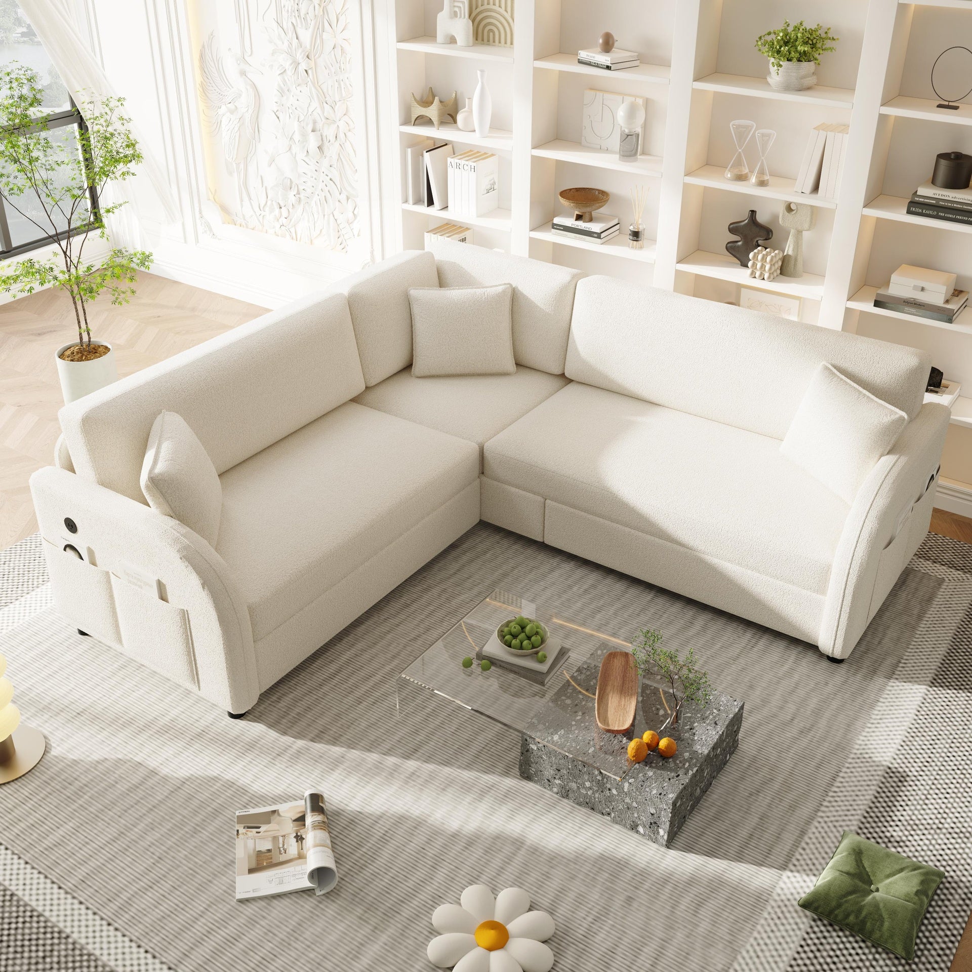 85.1" L-Shaped Sofa Couch with Pull-Out Bed,Oversize Convertible Sleeper Sofa with side Pocket & USB Port,Teddy Upholstered Sectional Couches, for Living Room, Apartment, Office,Beige/White