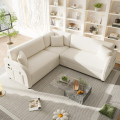 85.1" L-Shaped Sofa Couch with Pull-Out Bed,Oversize Convertible Sleeper Sofa with side Pocket & USB Port,Teddy Upholstered Sectional Couches, for Living Room, Apartment, Office,Beige/White