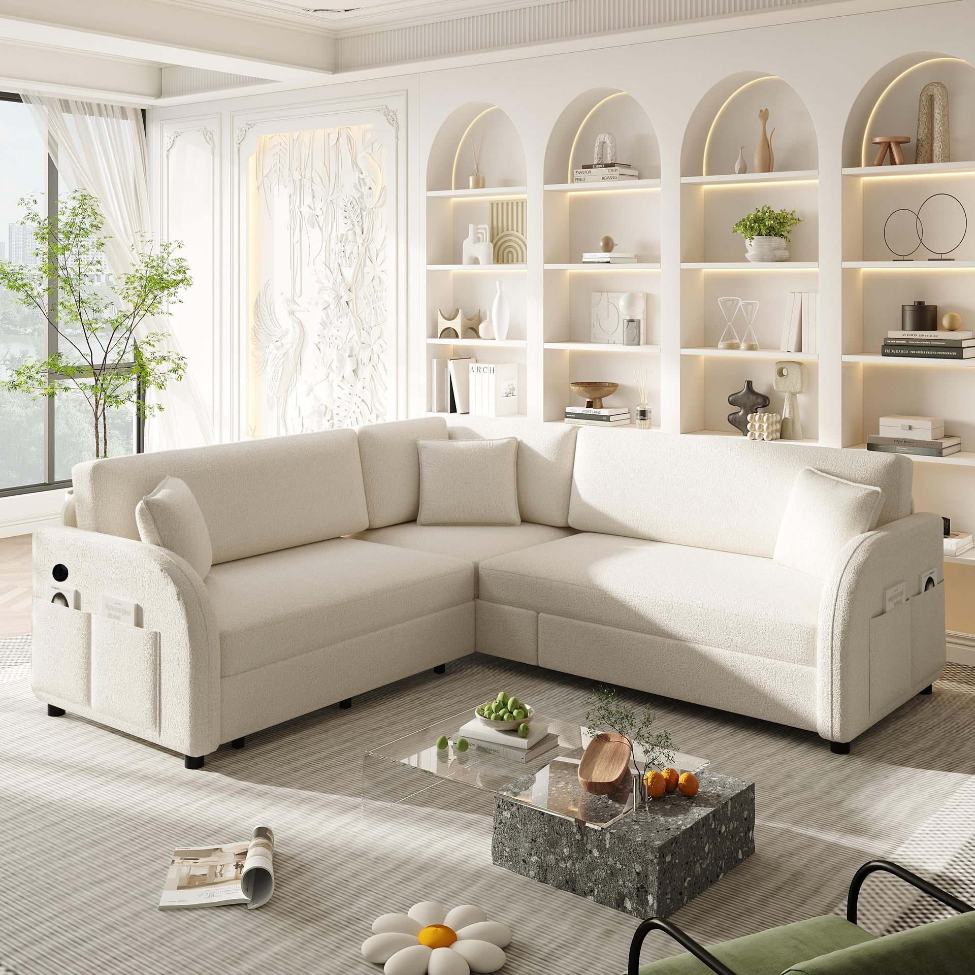 85.1" L-Shaped Sofa Couch with Pull-Out Bed,Oversize Convertible Sleeper Sofa with side Pocket & USB Port,Teddy Upholstered Sectional Couches, for Living Room, Apartment, Office,Beige/White