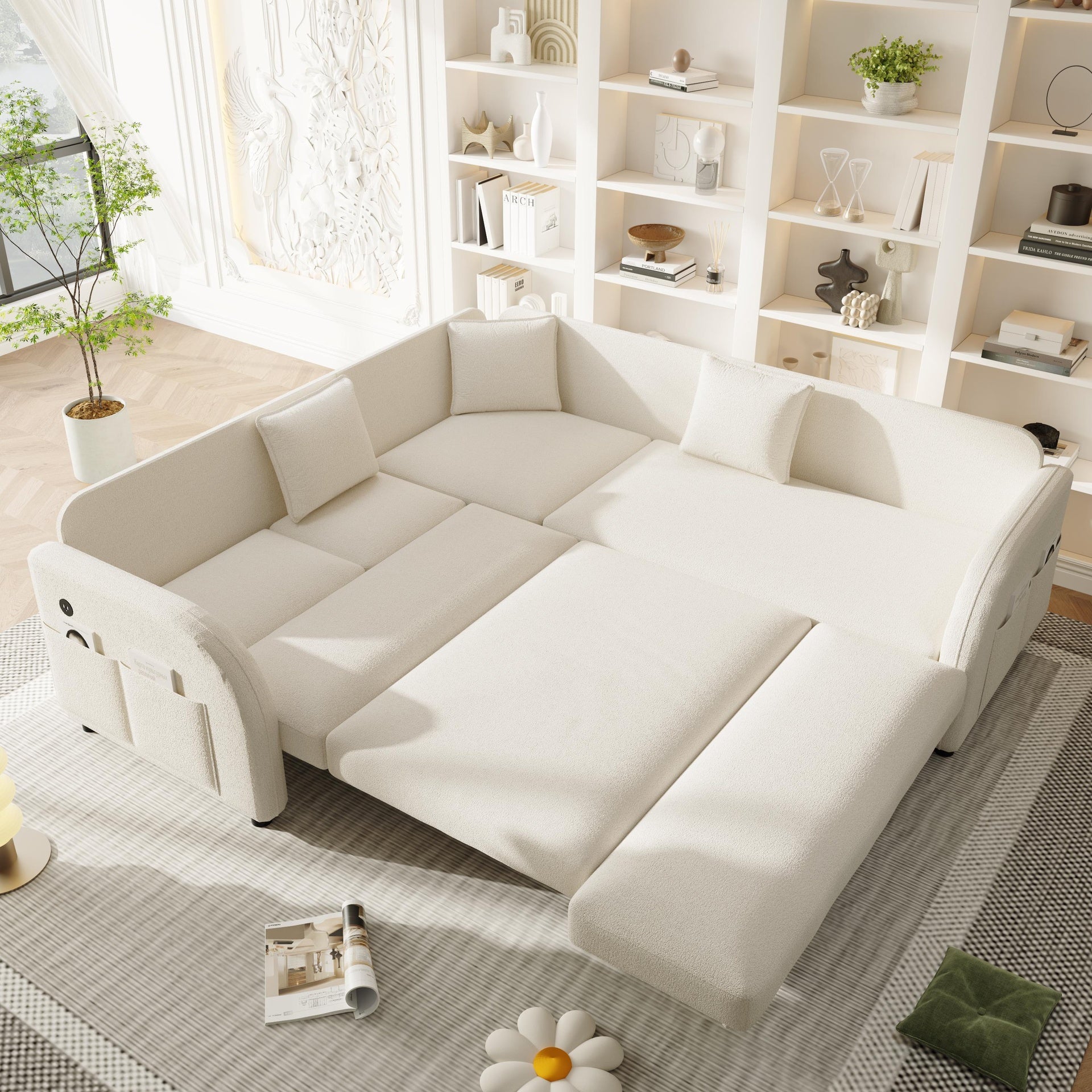 85.1" L-Shaped Sofa Couch with Pull-Out Bed,Oversize Convertible Sleeper Sofa with side Pocket & USB Port,Teddy Upholstered Sectional Couches, for Living Room, Apartment, Office,Beige/White