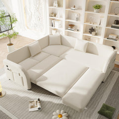 85.1" L-Shaped Sofa Couch with Pull-Out Bed,Oversize Convertible Sleeper Sofa with side Pocket & USB Port,Teddy Upholstered Sectional Couches, for Living Room, Apartment, Office,Beige/White