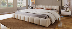 Elegant Beige Chenille Upholstered Bed with Checkerboard Design, Queen, Beige