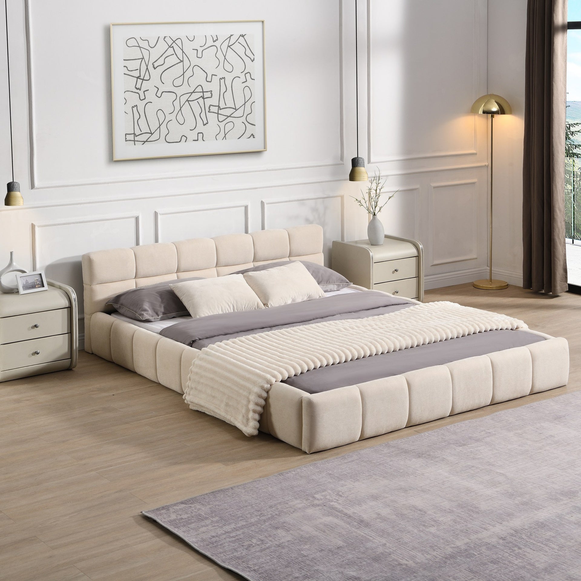Elegant Beige Chenille Upholstered Bed with Checkerboard Design, Queen, Beige