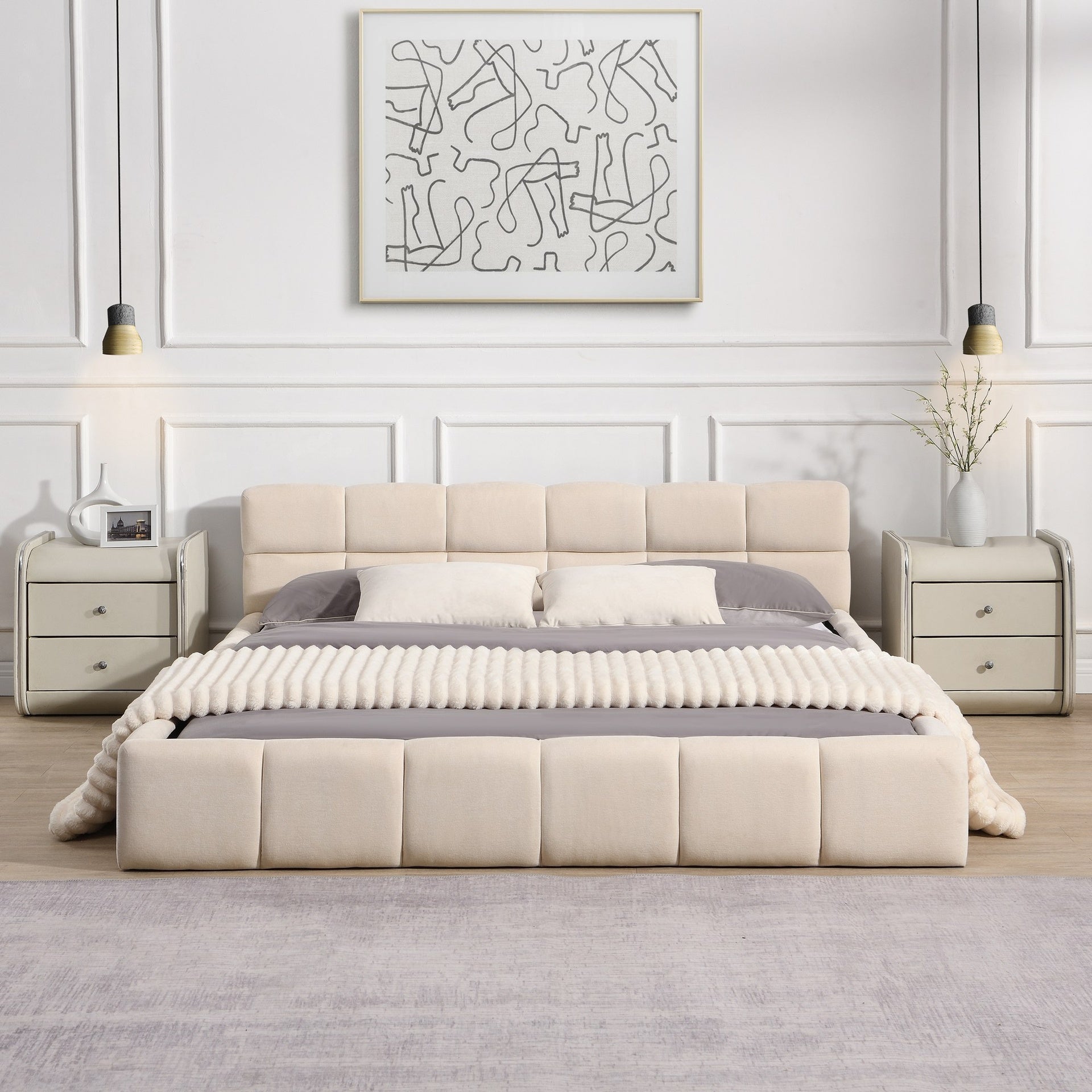 Elegant Beige Chenille Upholstered Bed with Checkerboard Design, Queen, Beige