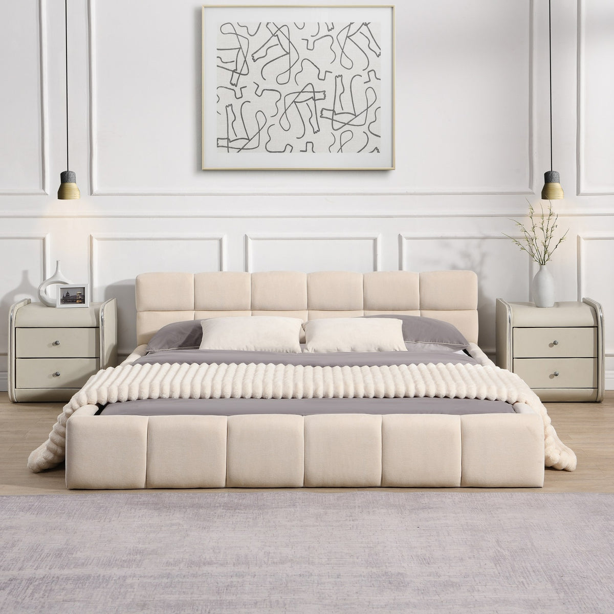 Elegant Beige Chenille Upholstered Bed with Checkerboard Design, Queen, Beige