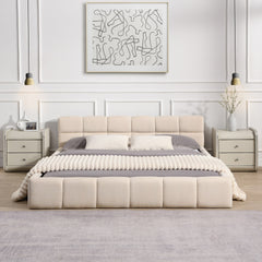 Elegant Beige Chenille Upholstered Bed with Checkerboard Design, Queen, Beige