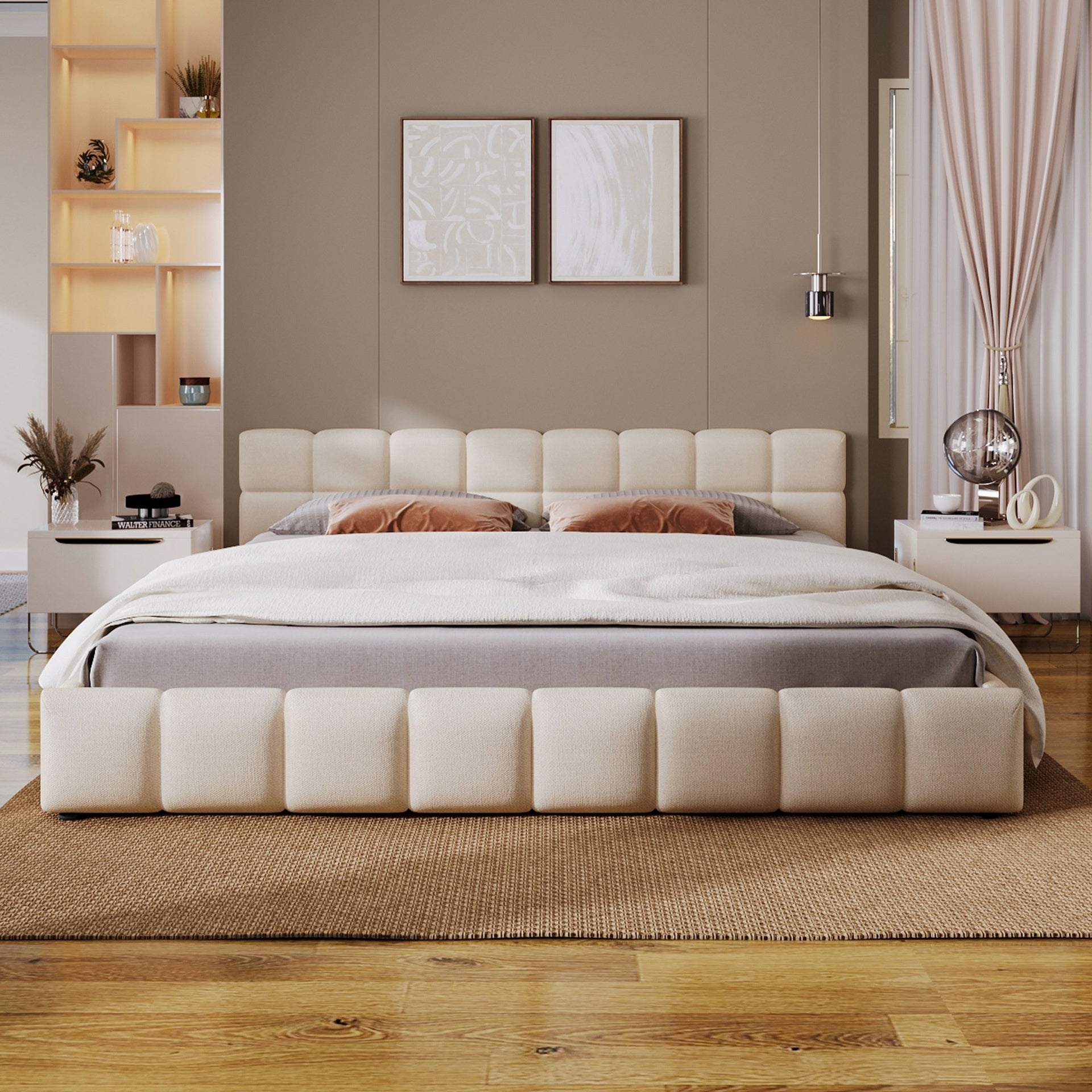 Elegant Beige Chenille Upholstered Bed with Checkerboard Design, Queen, Beige