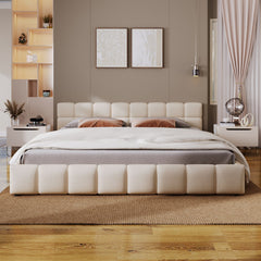 Elegant Beige Chenille Upholstered Bed with Checkerboard Design, Queen, Beige