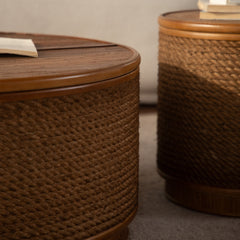 Round Rattan Coffee Table with Lift-Off Lid Storage, Hand-Woven Hemp Rope Trim, Boho-Chic Style, Perfect for Cozy Living Rooms & Compact Spaces