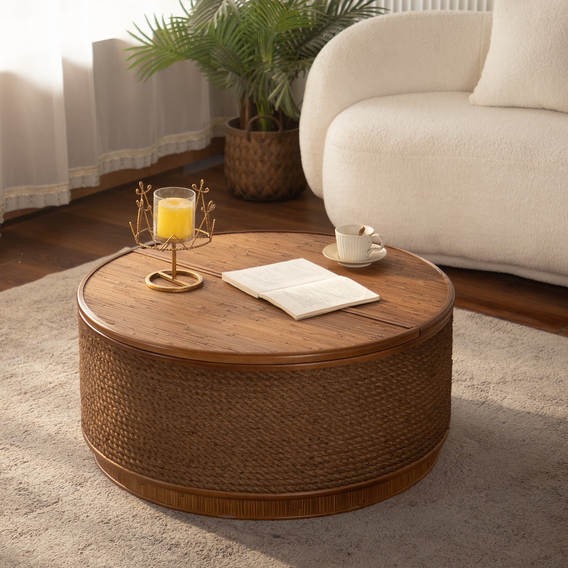 Round Rattan Coffee Table with Lift-Off Lid Storage, Hand-Woven Hemp Rope Trim, Boho-Chic Style, Perfect for Cozy Living Rooms & Compact Spaces