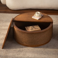 Round Rattan Coffee Table with Lift-Off Lid Storage, Hand-Woven Hemp Rope Trim, Boho-Chic Style, Perfect for Cozy Living Rooms & Compact Spaces