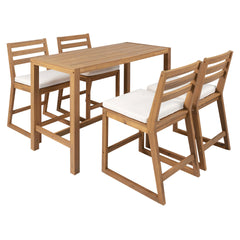 TREXM 5-Piece Rustic Patio Bar Set, Patio Table and Chairs Set with Ergonomic Chairs, Solid Wood Slatted Tabletop for Poolside, Balcony, Backyard, Porch (Light Teak+Beige Cushion)