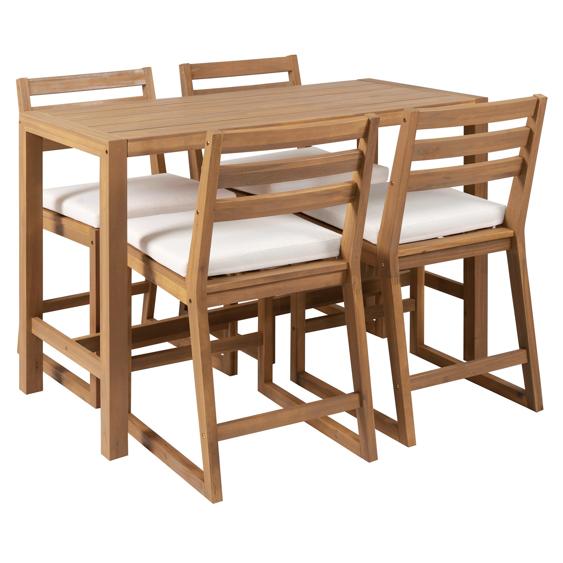 TREXM 5-Piece Rustic Patio Bar Set, Patio Table and Chairs Set with Ergonomic Chairs, Solid Wood Slatted Tabletop for Poolside, Balcony, Backyard, Porch (Light Teak+Beige Cushion)