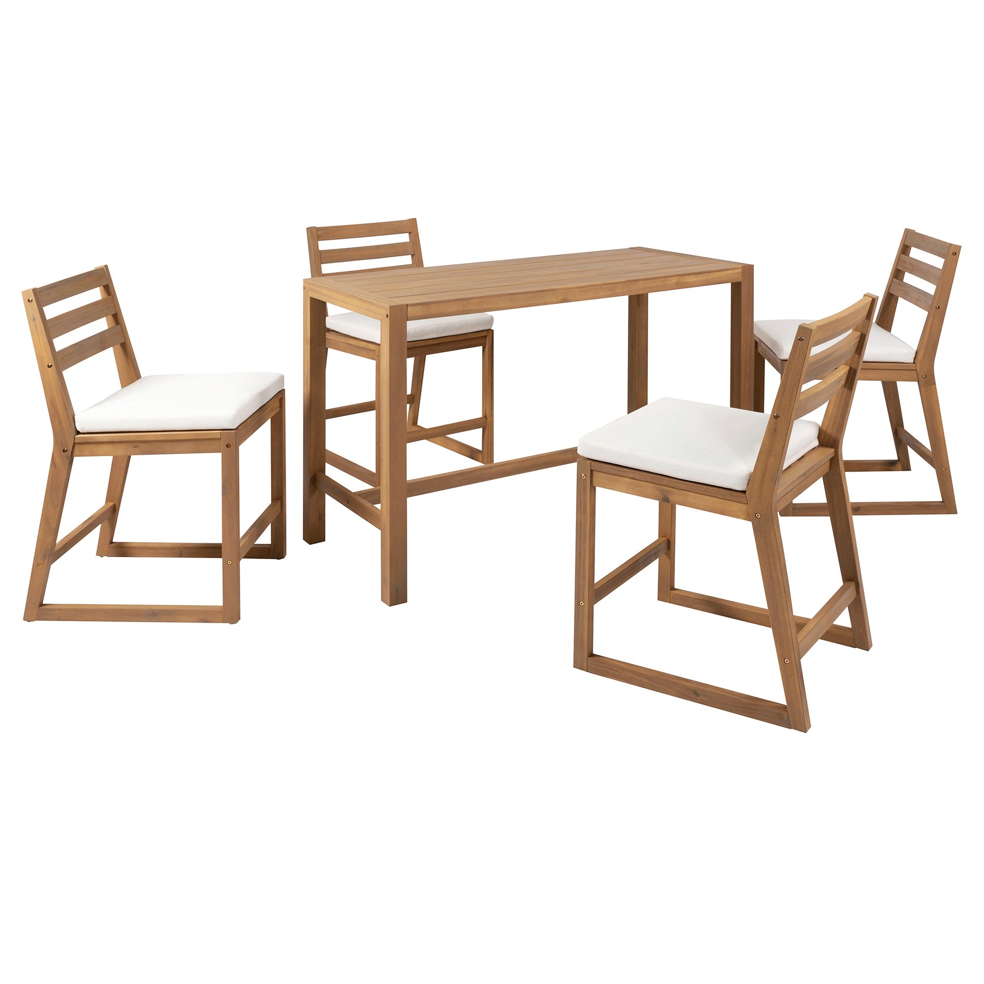 TREXM 5-Piece Rustic Patio Bar Set, Patio Table and Chairs Set with Ergonomic Chairs, Solid Wood Slatted Tabletop for Poolside, Balcony, Backyard, Porch (Light Teak+Beige Cushion)