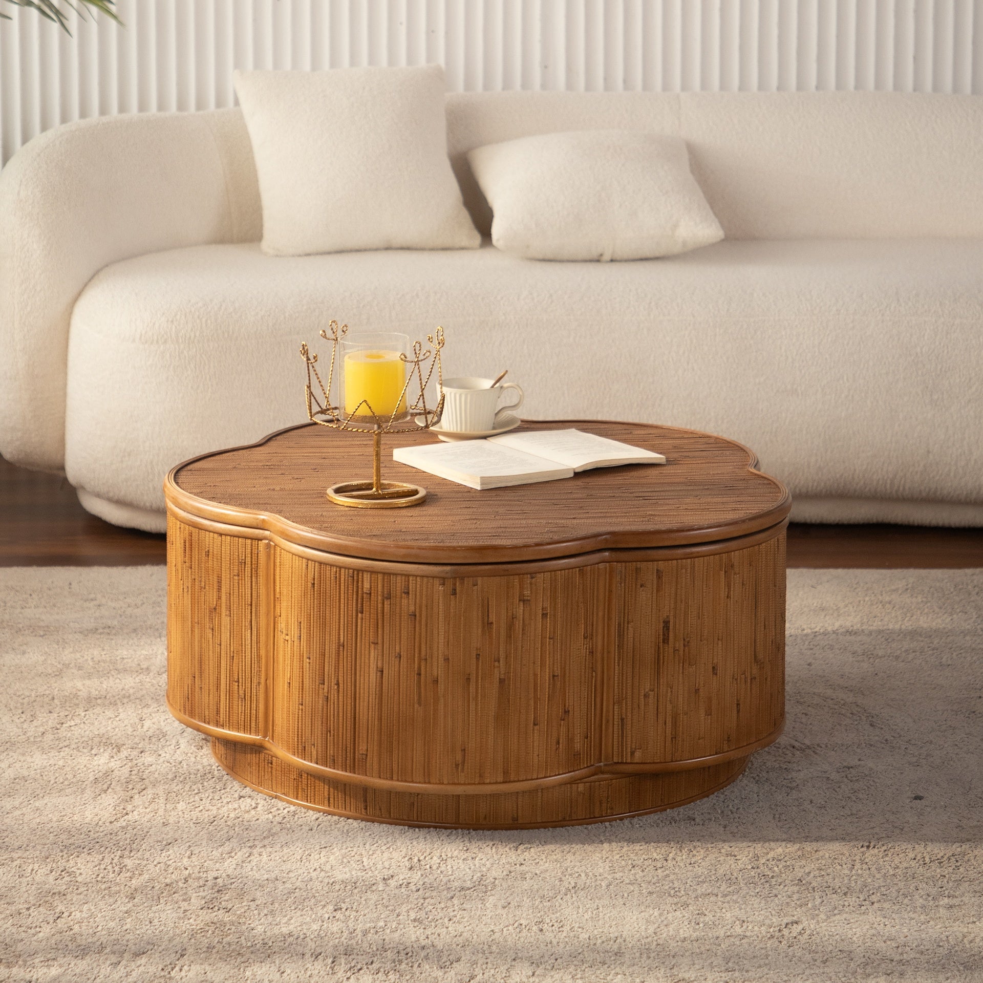 Flower-Shaped Rattan Coffee Table with Lift-Off Lid Storage, Boho-Chic Style, Perfect for Cozy Living Rooms & Compact Spaces
