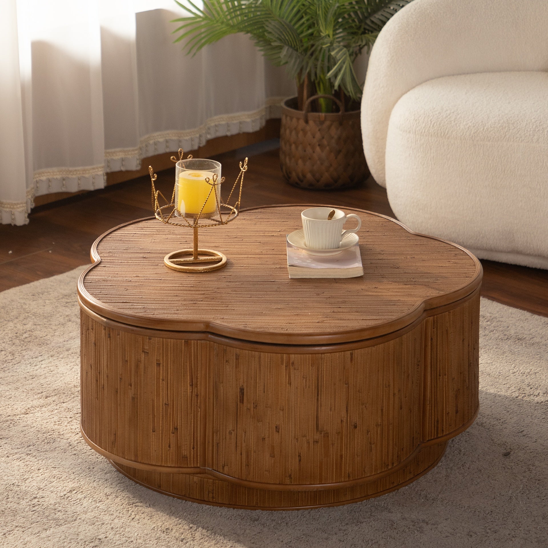 Flower-Shaped Rattan Coffee Table with Lift-Off Lid Storage, Boho-Chic Style, Perfect for Cozy Living Rooms & Compact Spaces