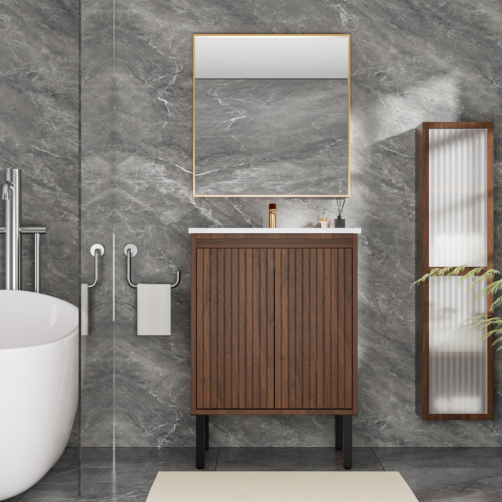 24 Inch Bathroom Vanity with Sink,  Floor - Standing Structure for Stability, Soft - Closing Doors for Noiseless Operation, Sleek Oak Finish for Modern Aesthetic(White Sink)