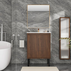 24 Inch Bathroom Vanity with Sink,  Floor - Standing Structure for Stability, Soft - Closing Doors for Noiseless Operation, Sleek Oak Finish for Modern Aesthetic(White Sink)