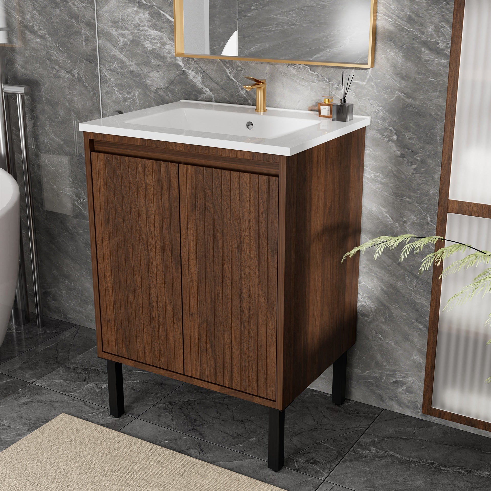 24 Inch Bathroom Vanity with Sink,  Floor - Standing Structure for Stability, Soft - Closing Doors for Noiseless Operation, Sleek Oak Finish for Modern Aesthetic(White Sink)