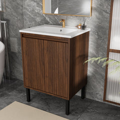 24 Inch Bathroom Vanity with Sink,  Floor - Standing Structure for Stability, Soft - Closing Doors for Noiseless Operation, Sleek Oak Finish for Modern Aesthetic(White Sink)