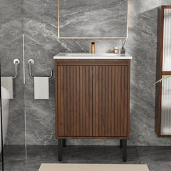 24 Inch Bathroom Vanity with Sink,  Floor - Standing Structure for Stability, Soft - Closing Doors for Noiseless Operation, Sleek Oak Finish for Modern Aesthetic(White Sink)