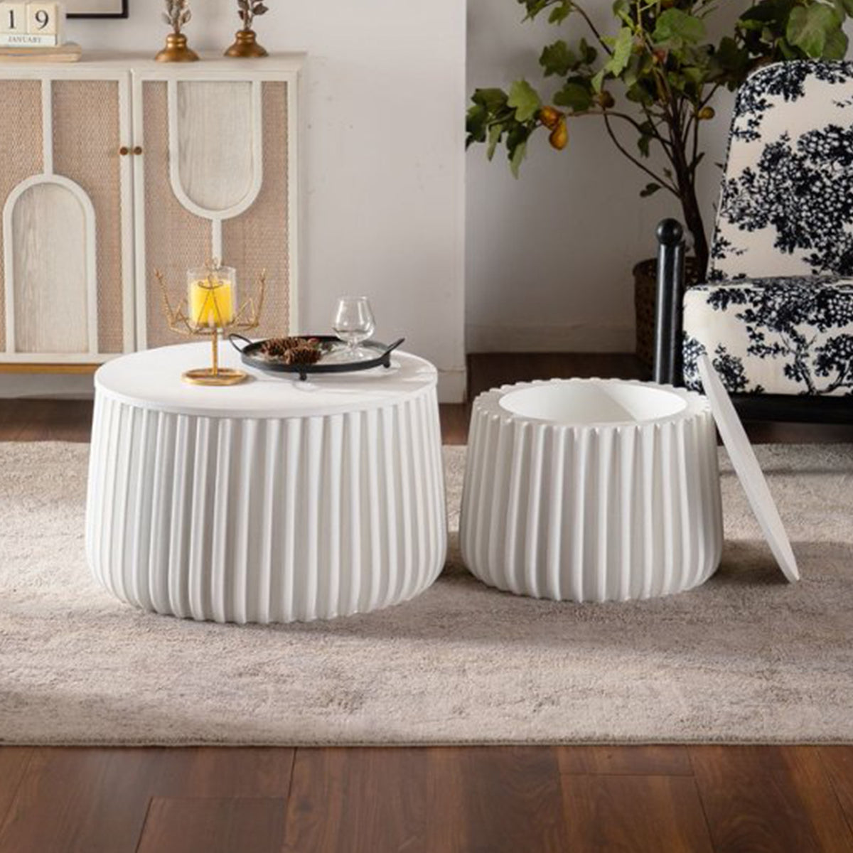White Round Storage Table Set with Lift-Off Lid, Nesting Design, Elegant Curved-Edge Shape for Cozy Living Room Styling