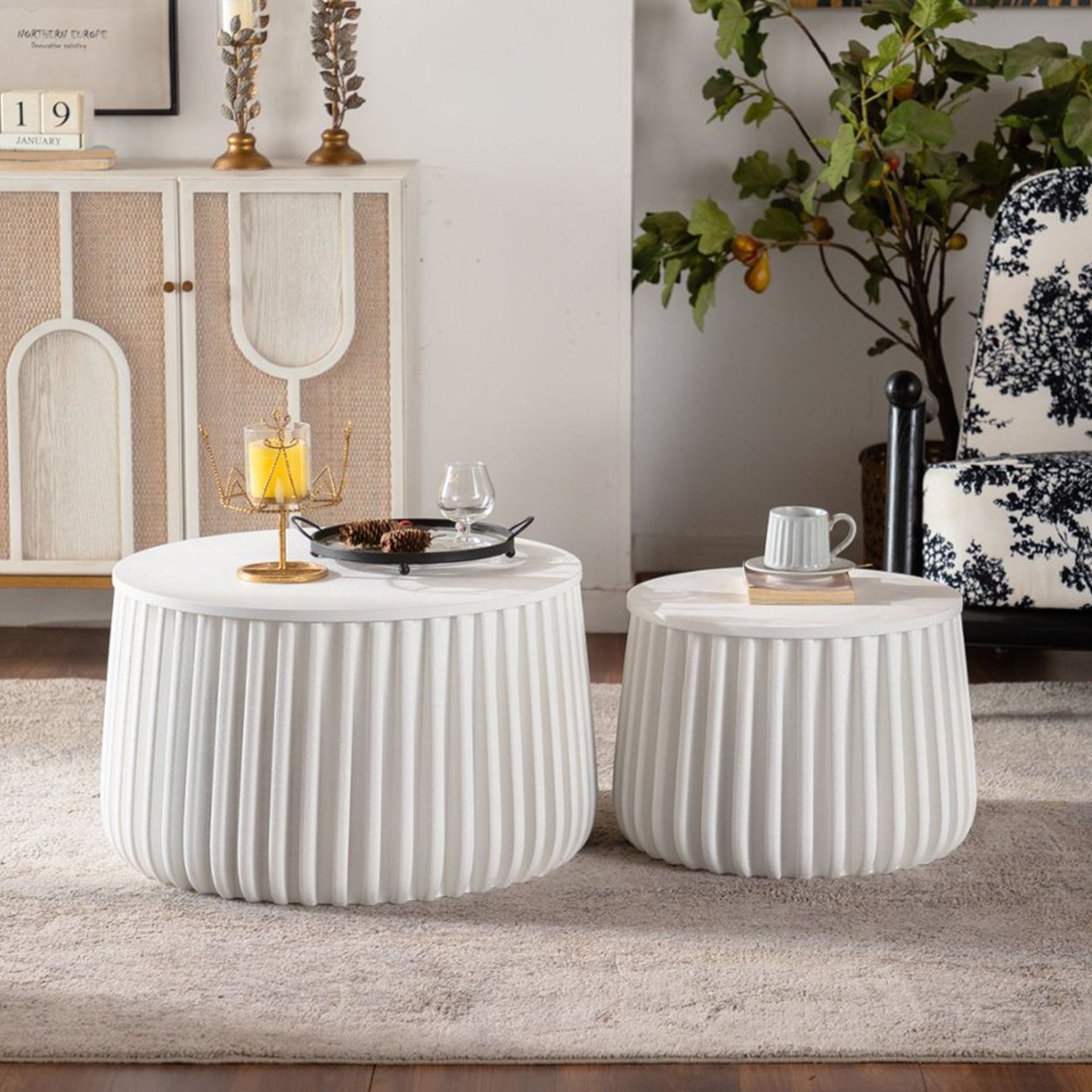 White Round Storage Table Set with Lift-Off Lid, Nesting Design, Elegant Curved-Edge Shape for Cozy Living Room Styling