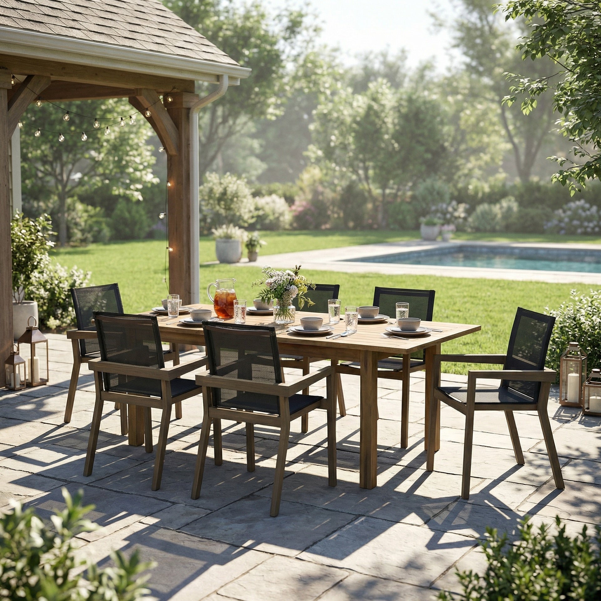 7 Pieces Acacia Wood Outdoor Dining Set s,Modern 6 Chairs 1 Large Table, Dining Furniture Set for Lawn, Backyard, Garden Deck,Poolside,Grey