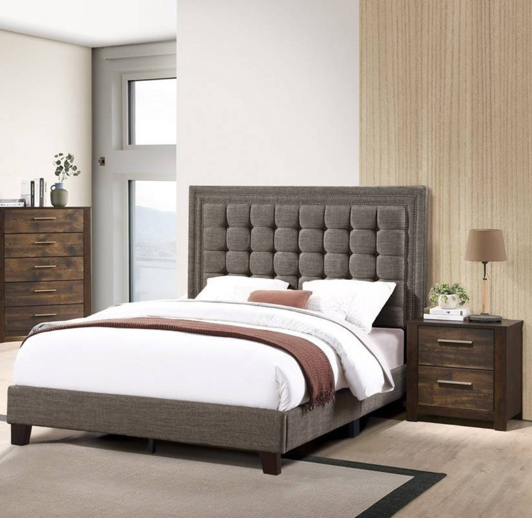 Elegant Style 1pc Queen Size Upholstered Bed Tufted Headboard Brown And Espresso Finish Bedroom Furniture