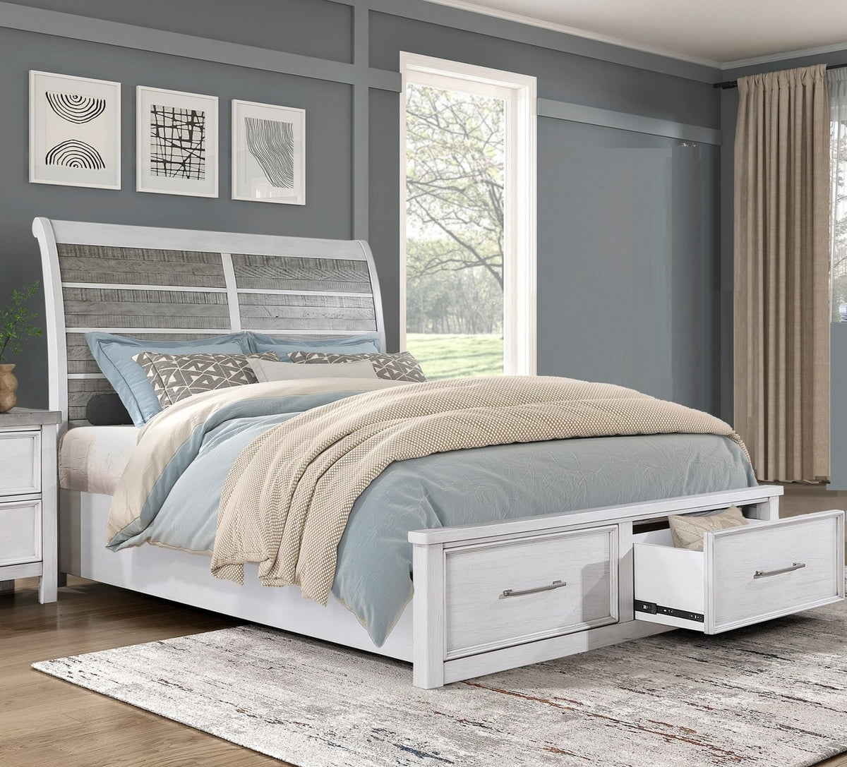 Antique White and Gray Finish Queen Platform Bed with Footboard Storage Classic Design Wooden Furniture 1pc