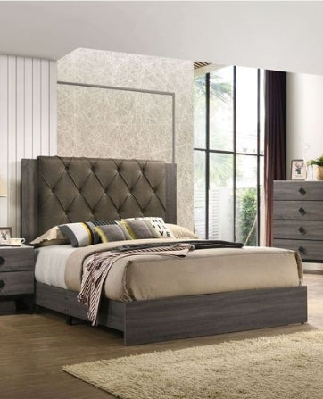 Avantika Fabric & Rustic Gray Oak Finish EK Bed