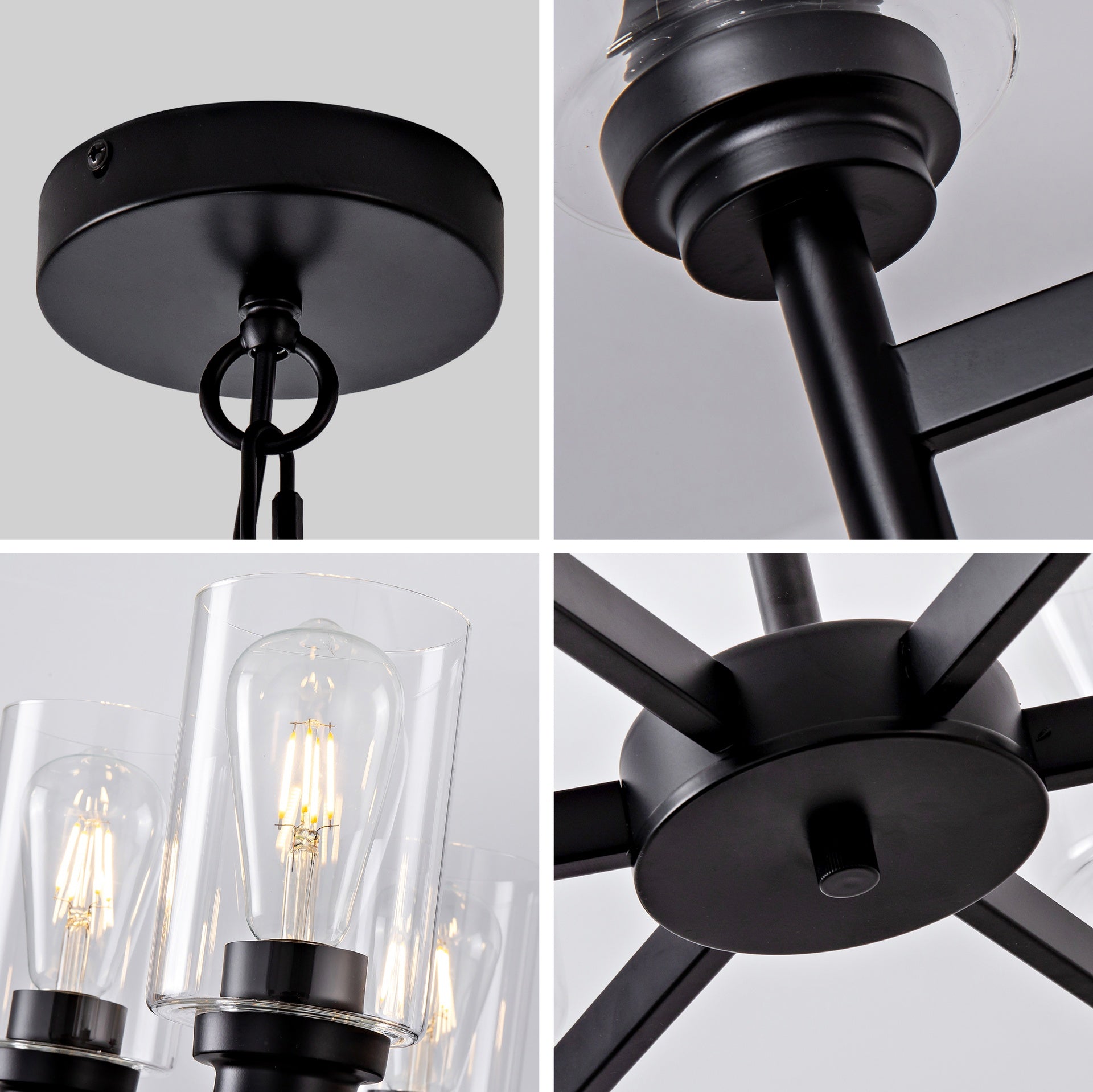 Farmhouse 6-Light Glass Chandelier, Modern Black Light Fixture for Kitchen Dining Room Over Table, Industrial Lighting for Living Room, Foyer, Entryway, E26 Bulb Base