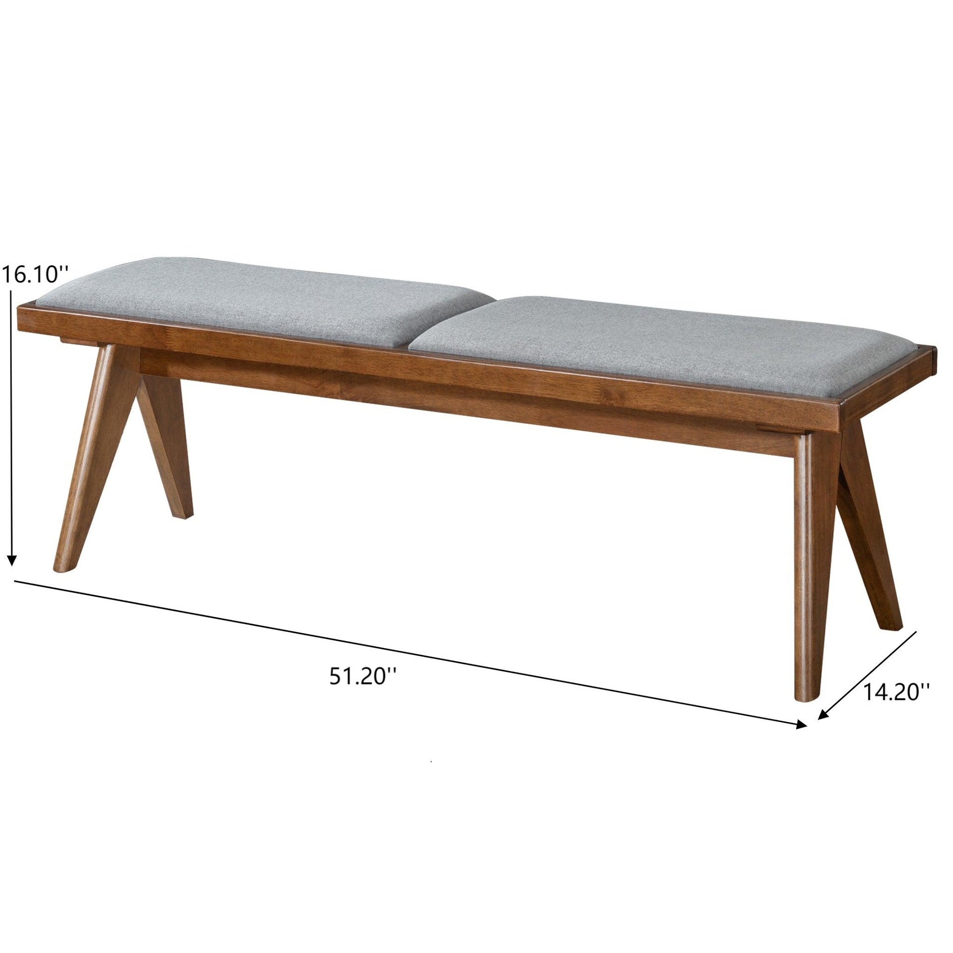 Keira Solid Wood Bench with Grey Fabric Upholstery and Walnut-Colored Legs, 51.18 x 14.17 inches