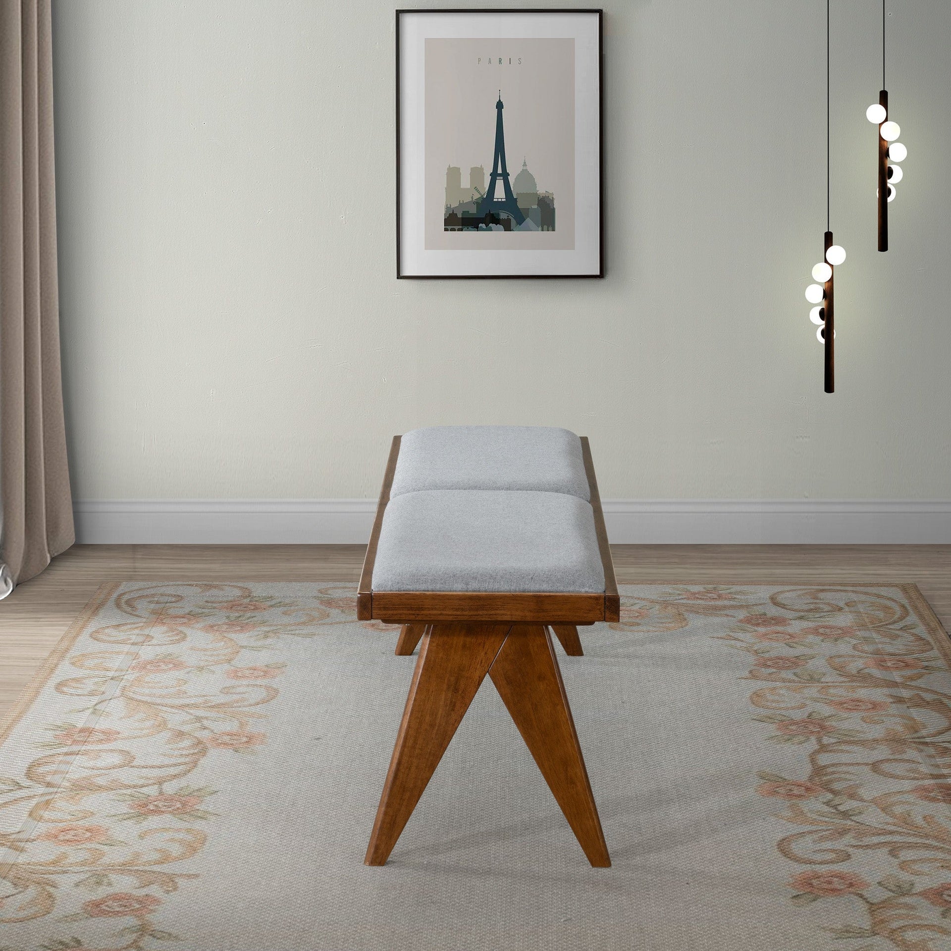 Keira Solid Wood Bench with Grey Fabric Upholstery and Walnut-Colored Legs, 51.18 x 14.17 inches